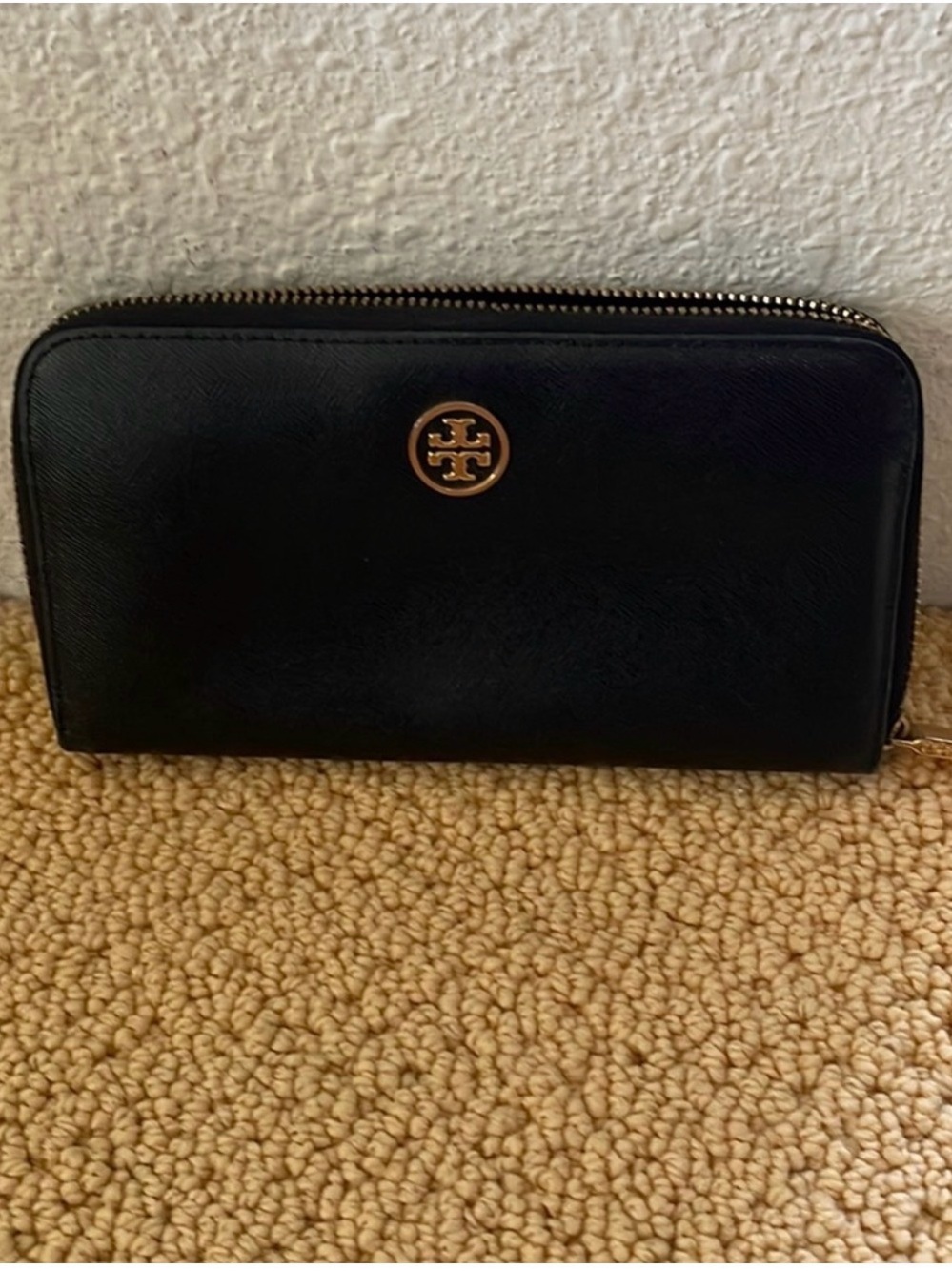 Tory Burch Black Wallet with Gold Logo Zip Pull